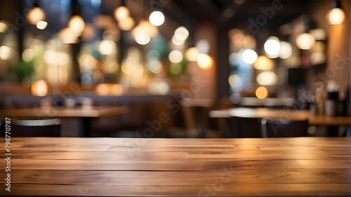  An artistic interpretation of a wooden table top with a blurred background, featuring creative elements like exaggerated bokeh lights and abstract blur to enhance the ambiance of a coffee shop settin