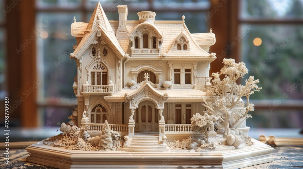 Carved wooden miniature Victorian style house