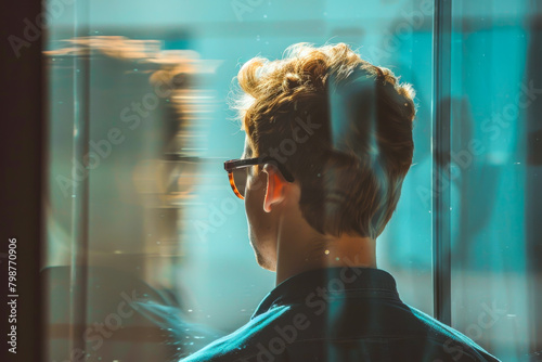 A man with glasses is looking out a window