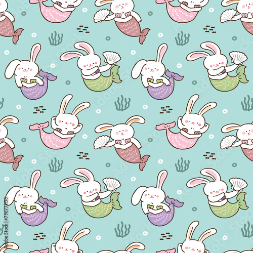 Seamless Pattern with Cartoon Rabbit Mermaid on Green Background