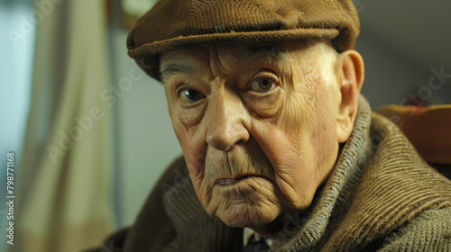 An old man with a hat and a sweater is looking at the camera