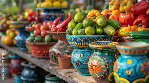 Colorful still life of assorted fruits and vegetables in ceramic bowls.