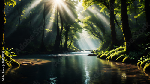 A peaceful river winding through a dense forest  with sunlight filtering through the canopy and dappling the water s surface