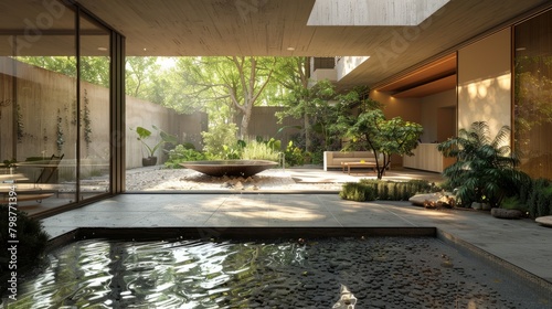 Courtyard with a reflecting pool and lush greenery