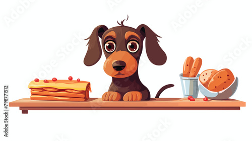 Amusing dog stealing sausage or food from table. Fu