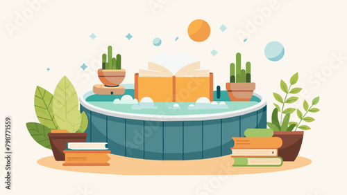 Wallpaper Mural A spacious jacuzzi tub lined with decorative stones surrounded by potted herbs and a stack of gardening books for a spalike experience.. Torontodigital.ca