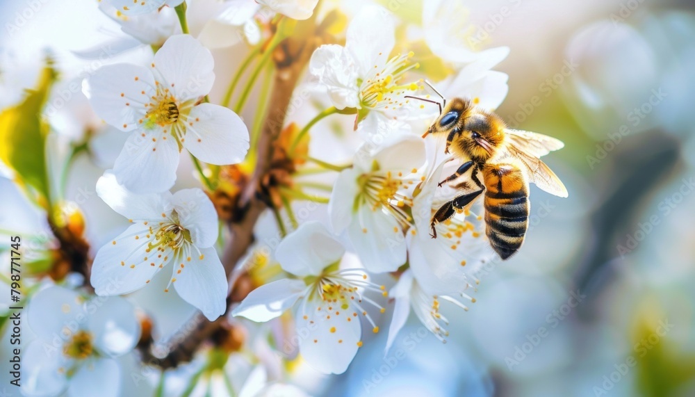 Honeybee pollinating white blossoms in sunlight Honeybee pollinating white blossoms in sunlight