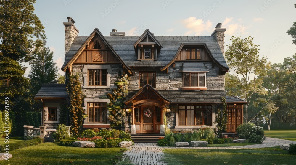 Generate an image of a beautiful stone house with a grey slate roof in the middle of a forest. The house should have 2 floors, a porch, and a large lawn in front of it.