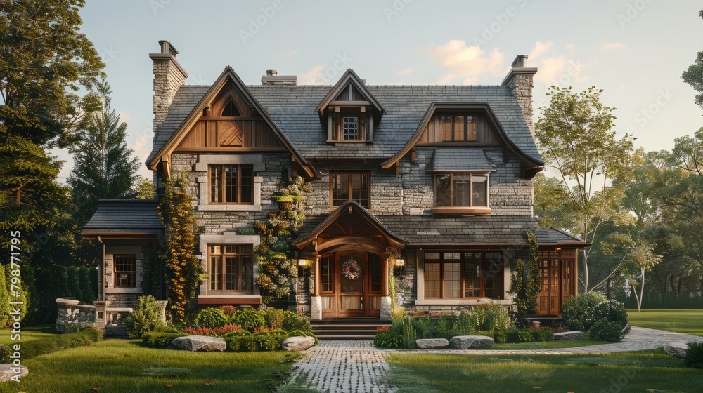 Generate an image of a beautiful stone house with a grey slate roof in the middle of a forest. The house should have 2 floors, a porch, and a large lawn in front of it. Generate an image of a beautiful stone house with a grey slate roof in the middle of a forest. The house should have 2 floors, a porch, and a large lawn in front of it.