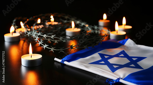 Israeli flag with barbed wire and tealight candles illuminating the dark background