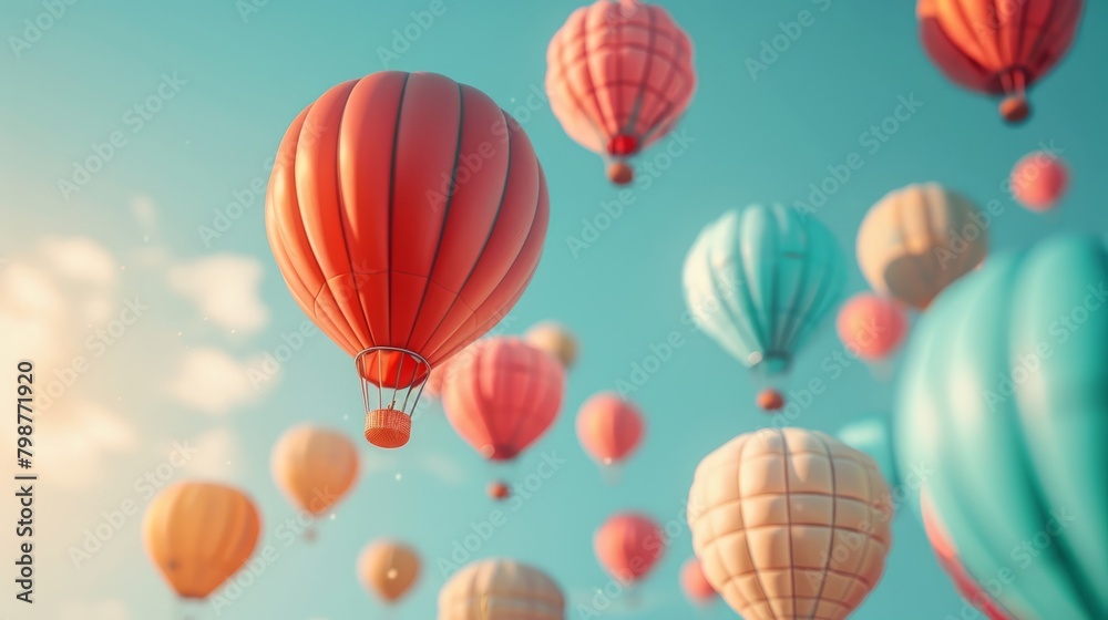 Hot air balloons in various pastel colors floating in a clear blue sky.