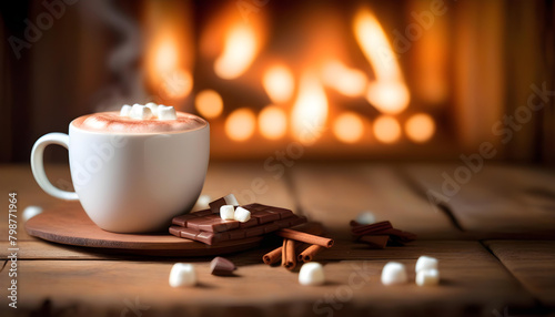 A close-up of a cup of hot chocolate with a marshmallow and cinnamon stick on top, sitting on a wooden table