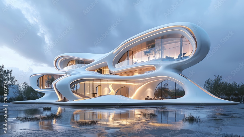 Fototapeta premium futuristic house made of white concrete with large glass windows reflecting the sky