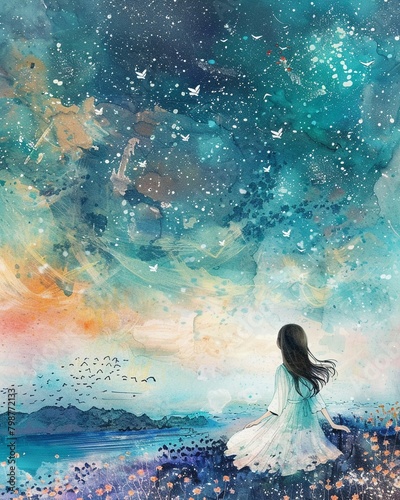 Charming goddess under a star filled sky, bright pastels in serene watercolor, hand drawn, dreamy scene