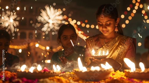 Indian woman and child lighting diyas during Diwali.