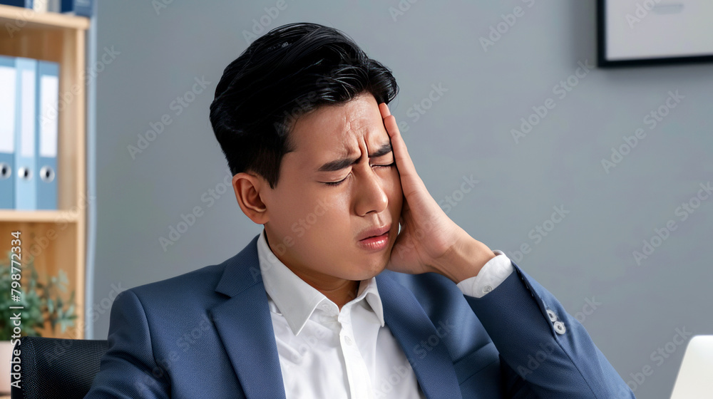 Asian Businessman with a Severe Headache or Migraine at Work, Reflecting Stress and Work Pressure Asian Businessman with a Severe Headache or Migraine at Work, Reflecting Stress and Work Pressure