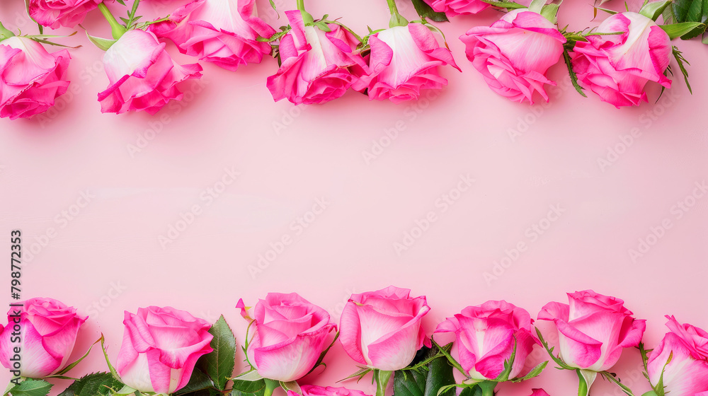 Elegant pink rose border with an empty space for a Mother's Day message on a pink backdrop Elegant pink rose border with an empty space for a Mother's Day message on a pink backdrop