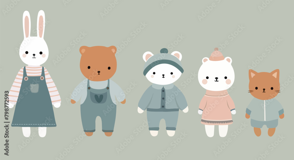 vector animals in clothes bear, cat,  rabbit