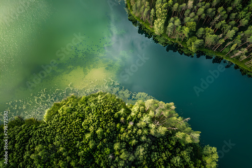 Fototapeta Naklejka Na Ścianę i Meble -  Aerial view of beautiful Balsys lake, one of six Green Lakes, located in Verkiai Regional Park. Birds eye view of scenic emerald lake surrounded by pine forests. Vilnius, Lithuania.