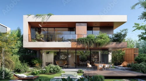 Modern house with large glass windows and a green garden © Rattanathip