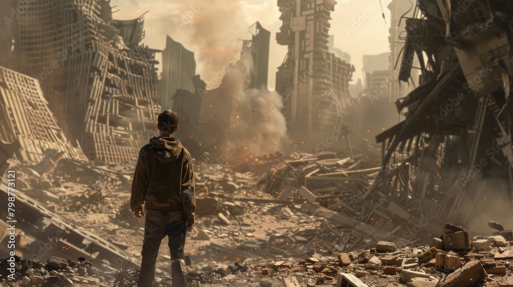 Obraz premium Sole survivor standing amidst the wreckage of a destroyed city