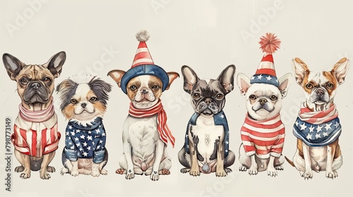 A watercolor painting of a group of dogs wearing patriotic outfits.