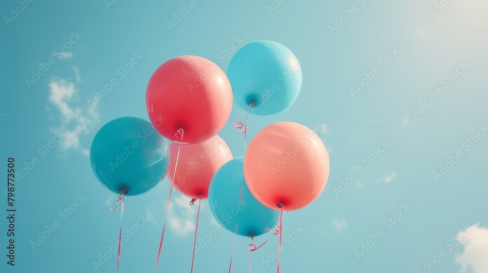 Pink and blue balloons float through the sky. Pink and blue balloons float through the sky.