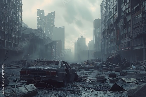 Desolate urban landscape with towering, decaying buildings and rubble-covered streets under an overcast sky