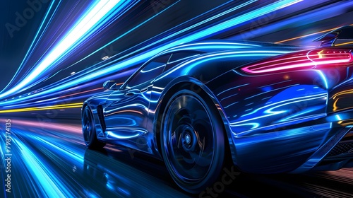 Futuristic sports car on the road with motion blur background.