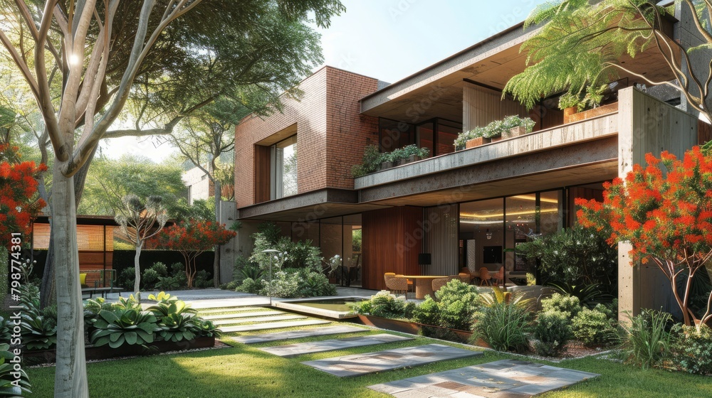 The image shows a modern house with a lot of plants and trees around it.