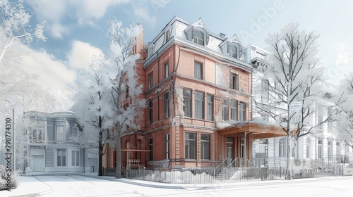 The image shows a large brick house with a white fence in front of it. There are trees on either side of the house and snow on the ground. © Rattanathip