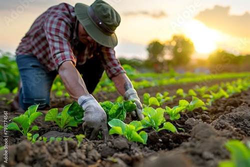 Farmer planting green vegetables in the field at sunset