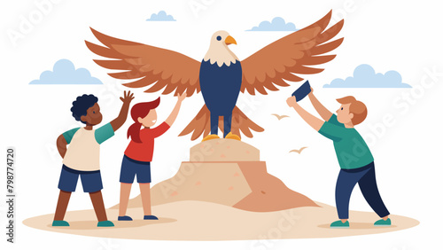 Children carefully molded sand into a soaring bald eagle its wings outstretched in a display of strength and patriotism.. Vector illustration