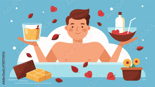 The epitome of indulgence a man enjoying a bath surrounded by rose petals rich chocolates and a glass of fine whiskey..