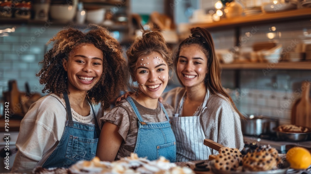 Three young women standing in a kitchen smiling at the camera. Three young women standing in a kitchen smiling at the camera.