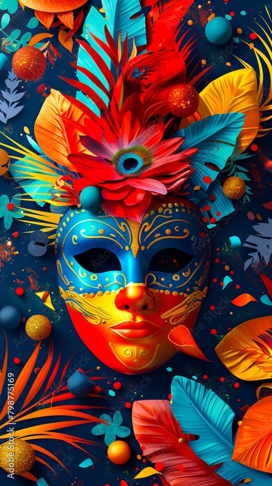A colorful mask with leaves and flowers.