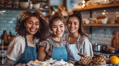 Three young women standing in a kitchen smiling at the camera.