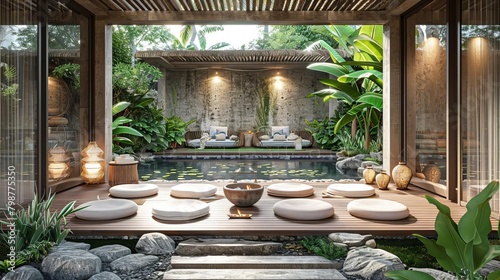 A tranquil boho style yoga retreat in Bali, complete with natural fabrics and earthy tones photo