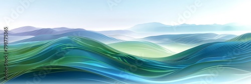Stunning digital abstract landscape with flowing lines resembling tranquil waves or rolling hills in shades of blue and green