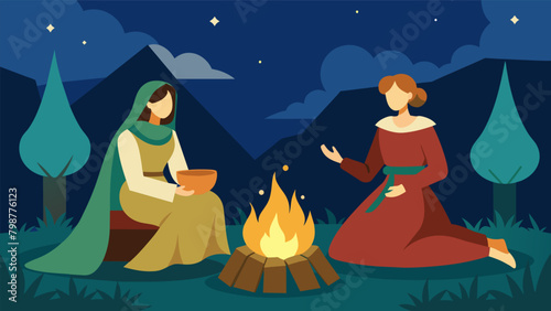 Two women in peasant dresses sit around a campfire trading stories of their roles in a medieval reenactment village.. Vector illustration