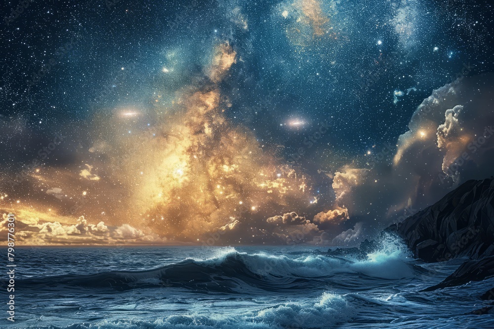 Naklejka premium A serene night scene with a dazzling starry sky reflecting over a calm blue ocean, with distant coastline silhouettes.