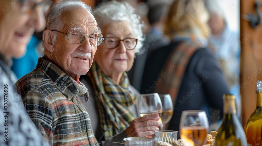 Elderly couple at a wine and cheese social, sampling products and chatting with others Elderly couple at a wine and cheese social, sampling products and chatting with others