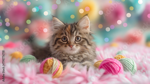 Kitten playing knitted ball colourful
