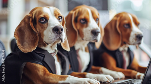 Three beagles in suits working at laptops, looking focused.