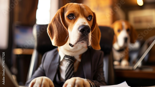 Beagle dog dressed as a businessman working in an office environment.