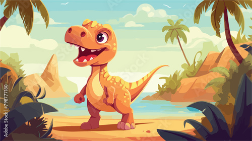 Cute dinosaur walking in nature. Wild landscape wit