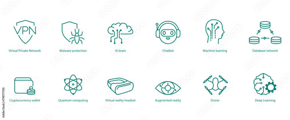 Tech Security and AI Innovation Vector Icons: VPN, Malware Protection, AI Brain, Chatbot, Machine Learning, Dataset Network, Crypto Wallet, Quantum Computing, VR Headset, Augmented Reality, Drone