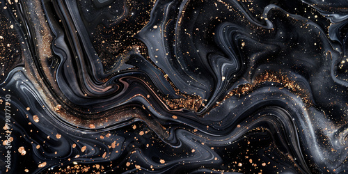 Opulent obsidian marble ink swirling gracefully over a radiant abstract backdrop, twinkling with scattered glitters. photo