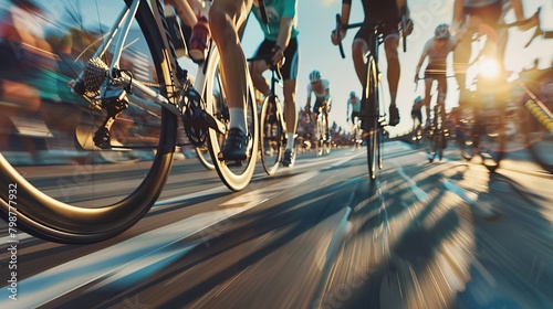 A group of cyclists are racing down a road.

 photo
