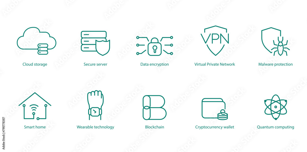 Fototapeta premium Advanced Tech Vector Icons: Cloud Storage, Server Security, Data Encryption, VPN, Malware Protection, Deep Learning, AI Brain, Chatbot, Machine Learning, Dataset Network